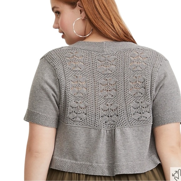 NEW Torrid Gray Pointelle Open Front Short Sleeve Shrug Sweater - Picture 3 of 10